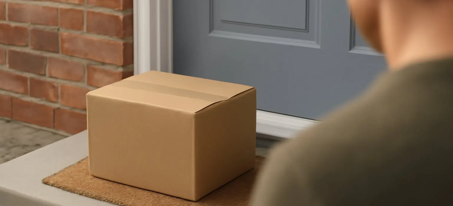 A plain cardboard delivery box sitting on a front doorstep beside a potted plant