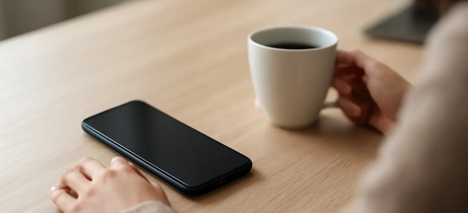 A smartphone lying face up on a clean wooden desk next to a cup of coffee and a notebook