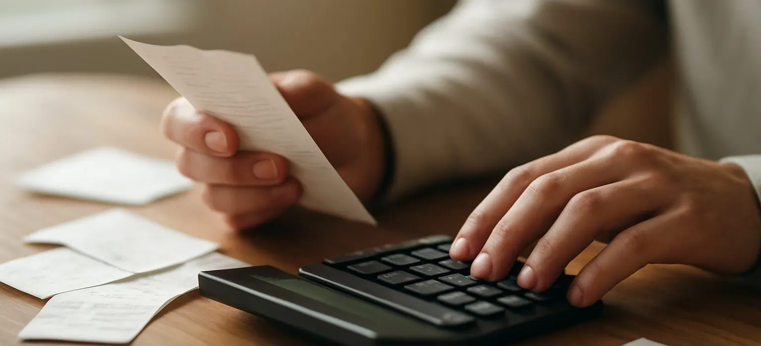 A calculator and a few paper receipts on a plain wooden desk