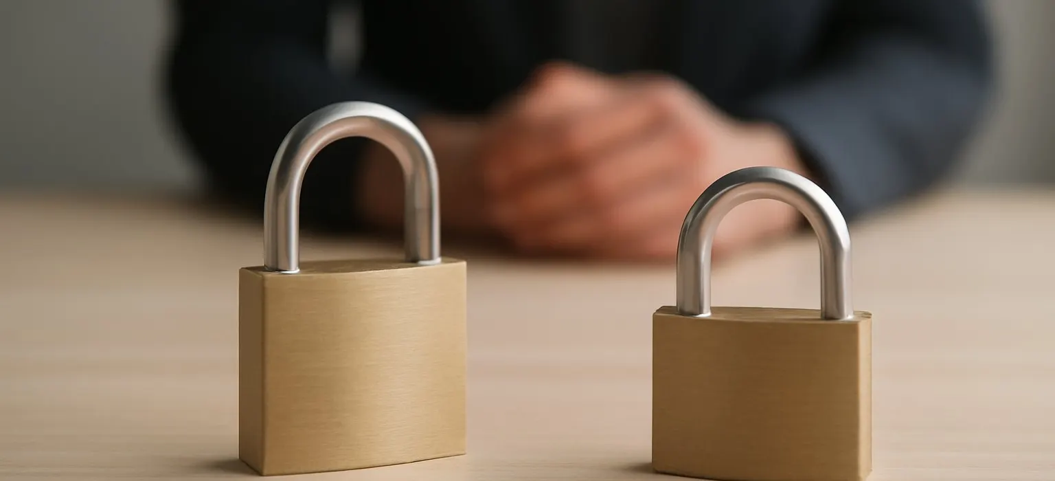Two metal padlocks side by side on a plain light-colored table