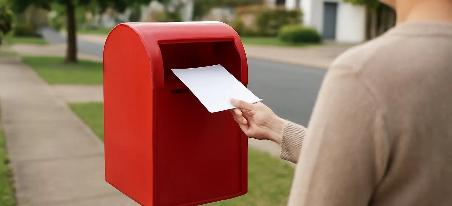 A red letterbox at the front gate of a house on a sunny suburban street