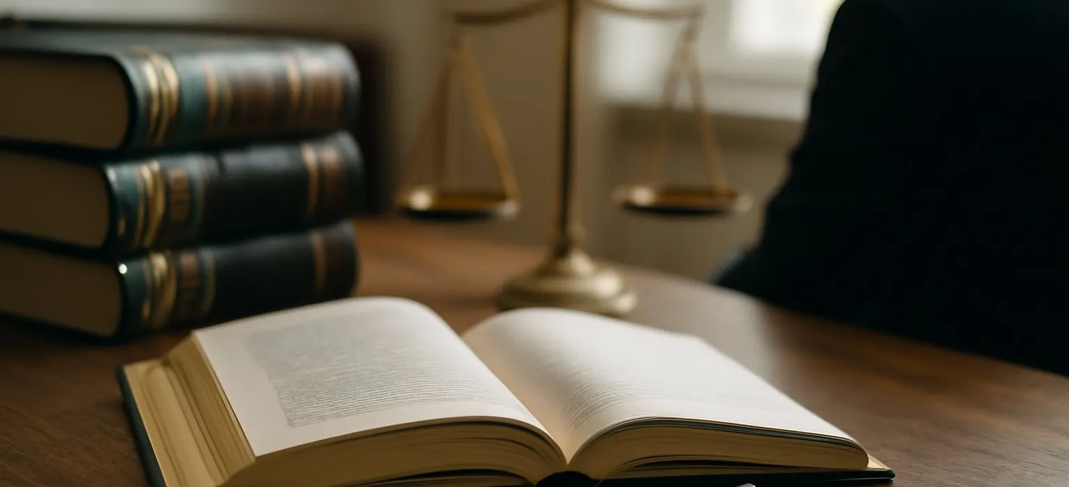 A law office desk with legal books and a pen