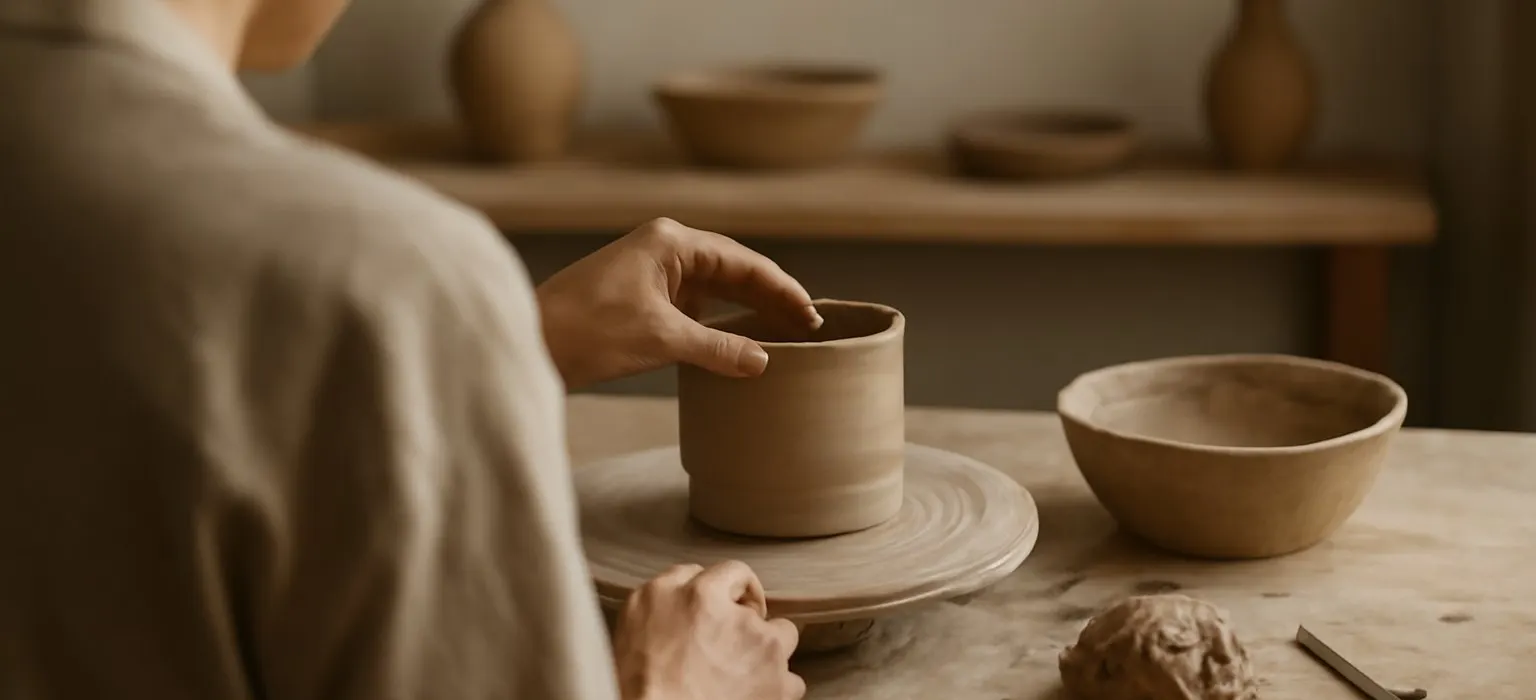 Handmade pottery on a small craft workshop table