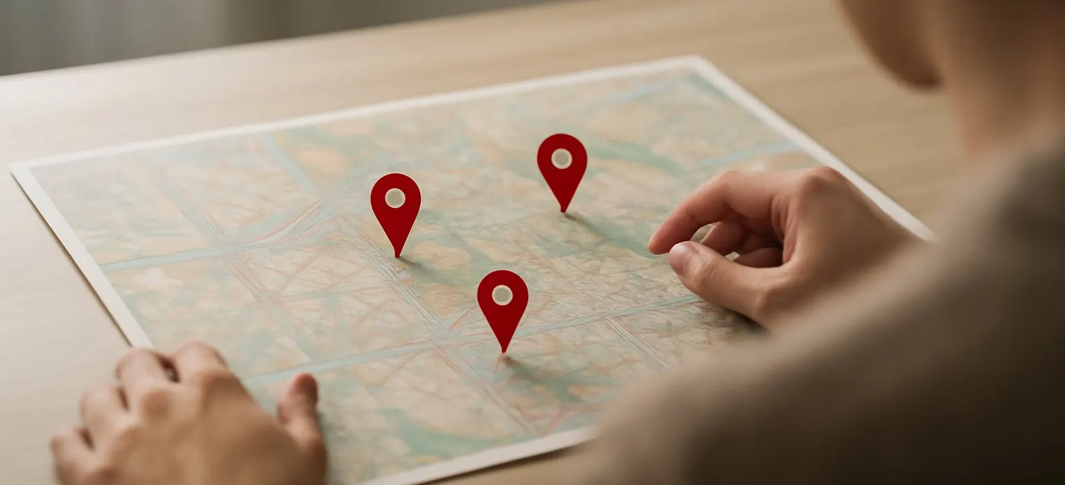 A printed city map on a table with several colored pins marking business locations
