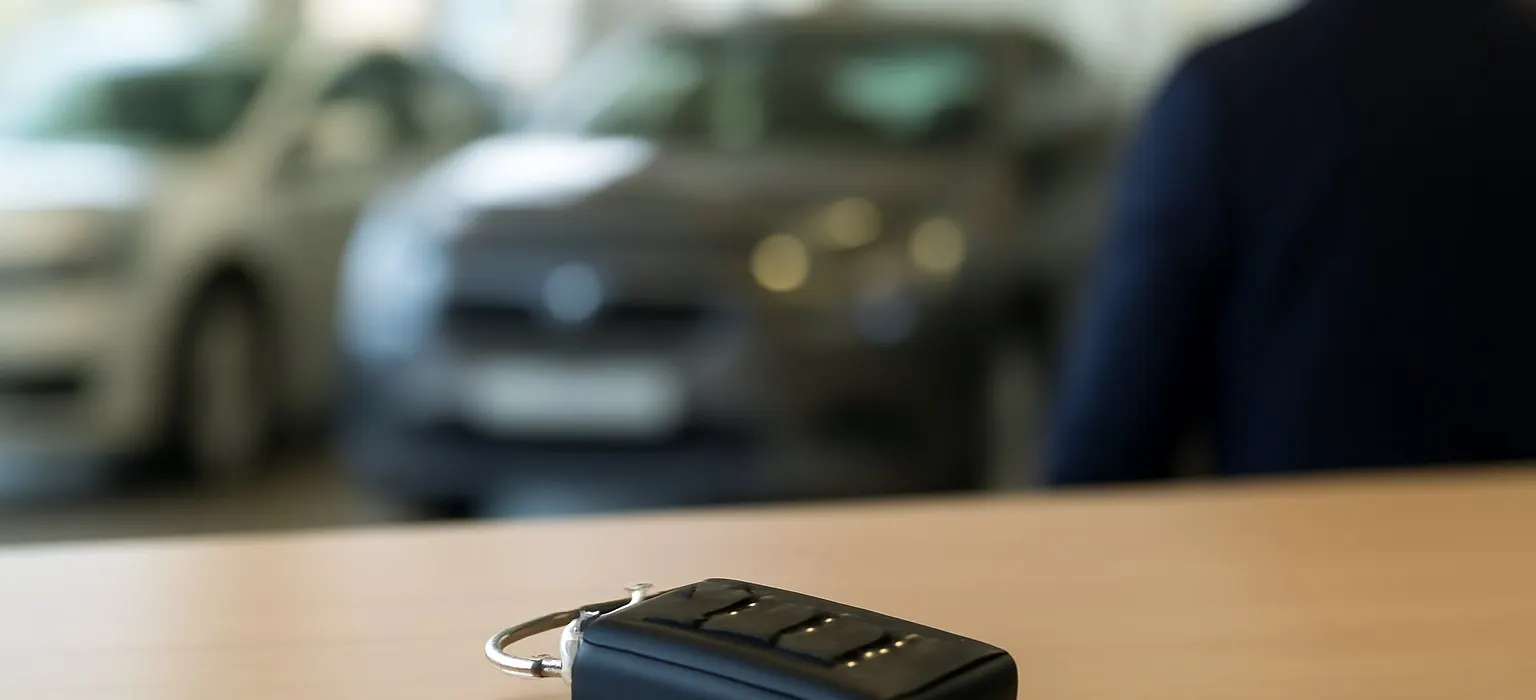 A car key on a showroom desk with cars behind