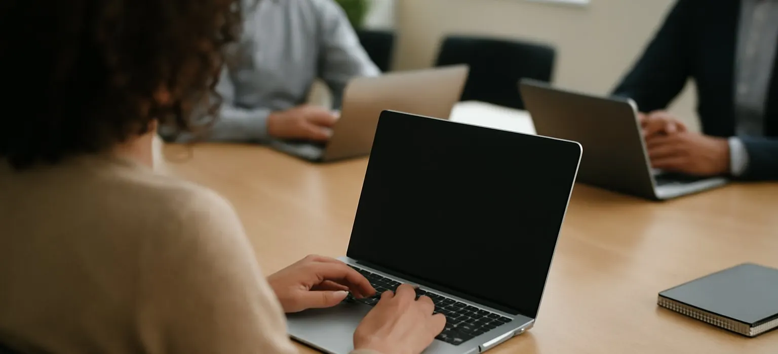 An empty modern office meeting table with laptops and notebooks laid out
