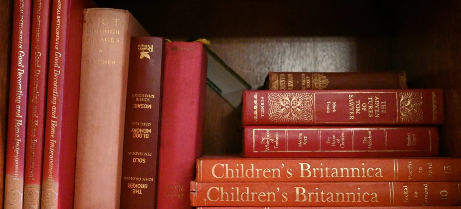 Stack of encyclopedia volumes on a shelf