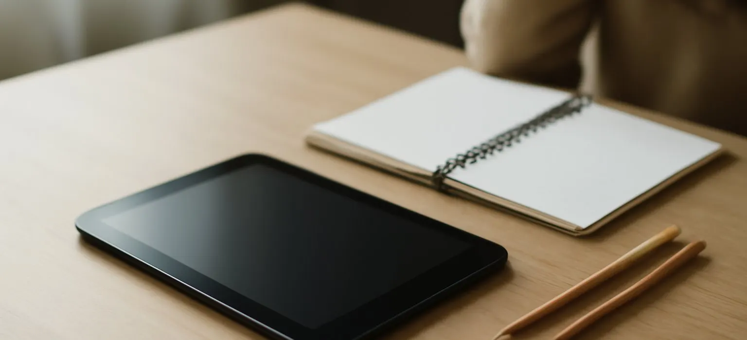 A tablet on a wooden desk beside colored pencils and a notebook in soft daylight