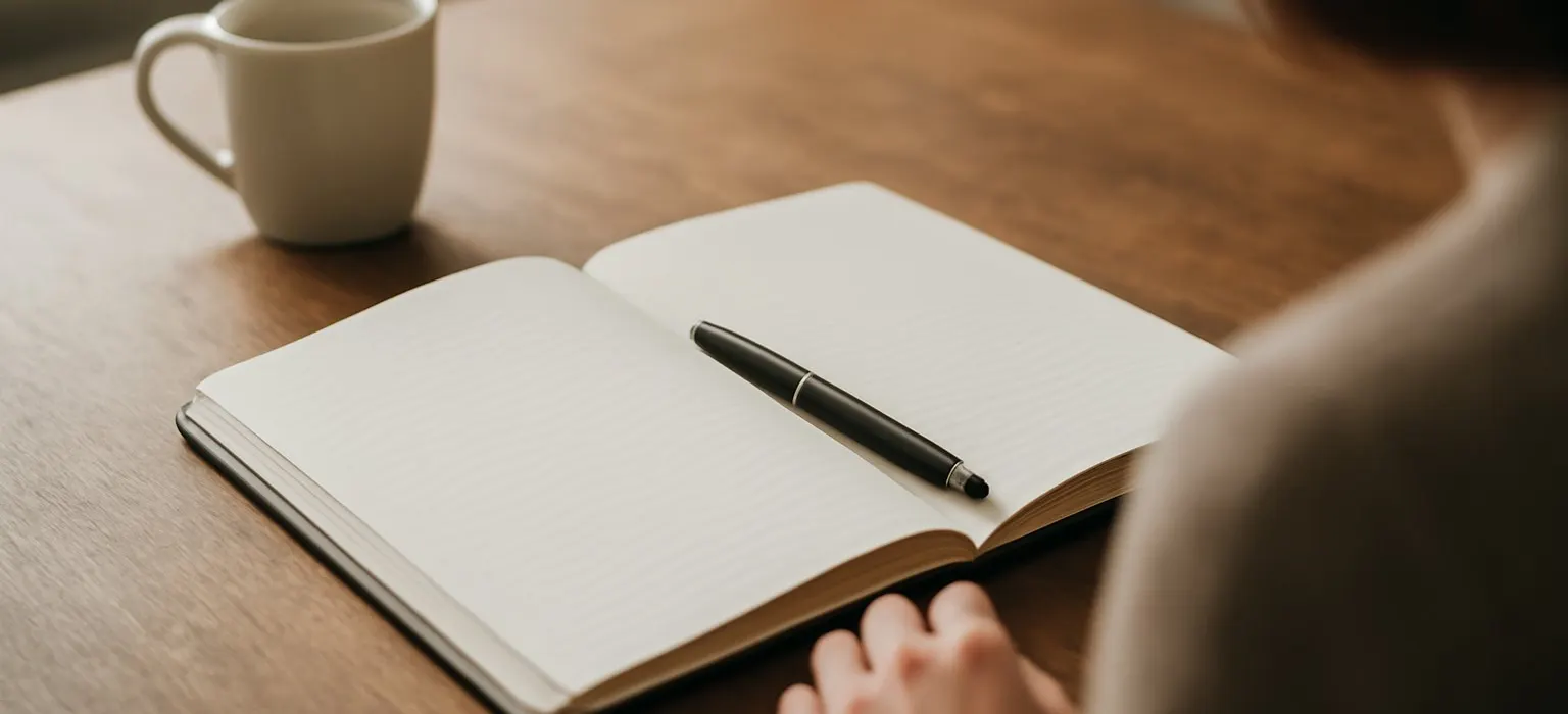 An open notebook with handwritten notes and a pen on a light wooden table