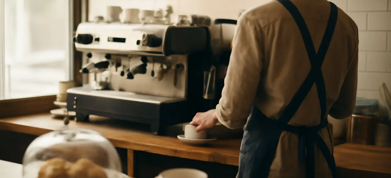 A calm cafe counter in the morning with a barista preparing drinks for waiting customers