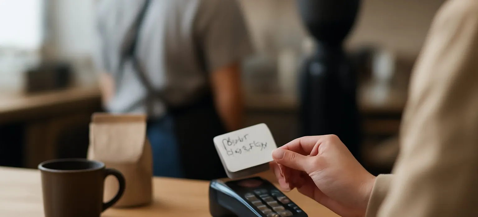 A paper loyalty card and a cup of coffee resting on a cafe counter