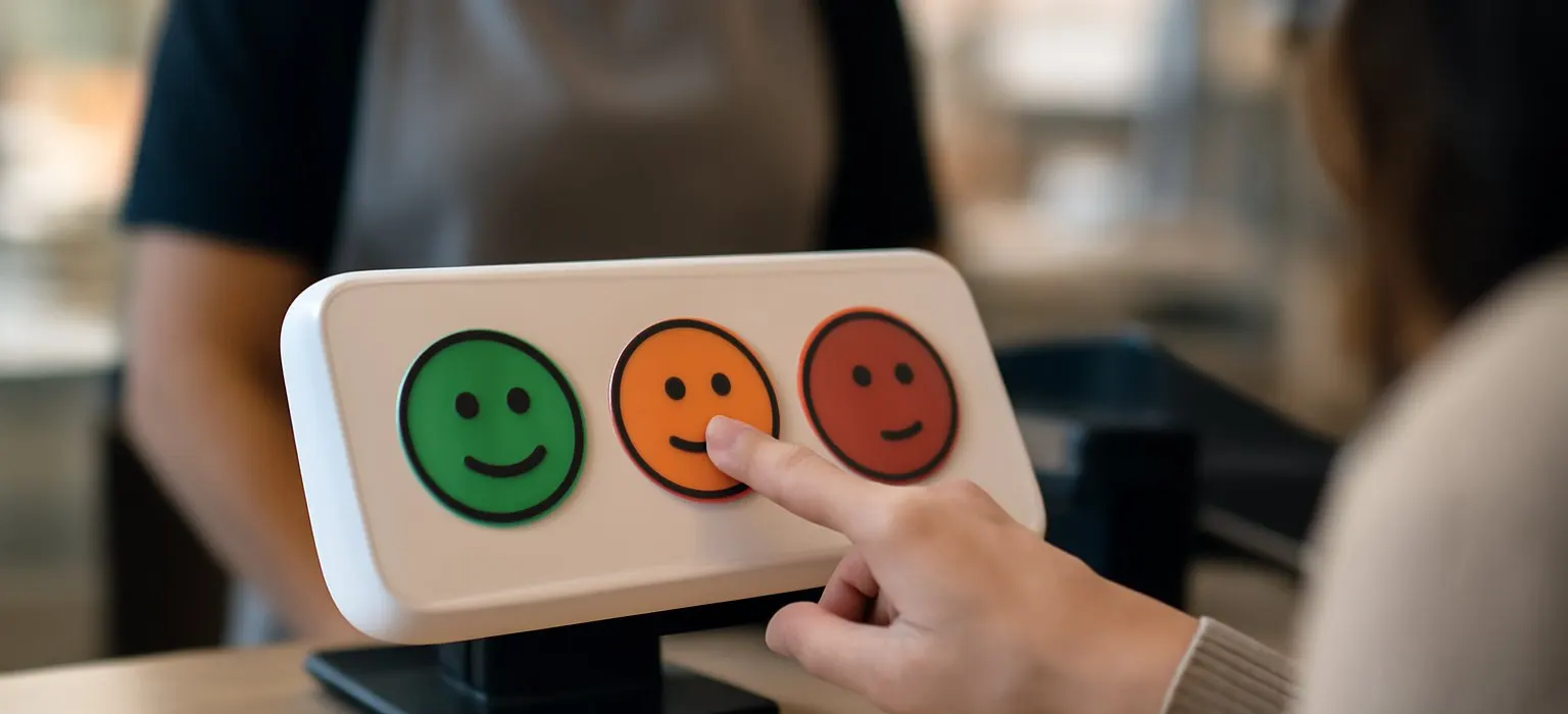 A row of simple satisfaction rating buttons from unhappy to happy on a store counter