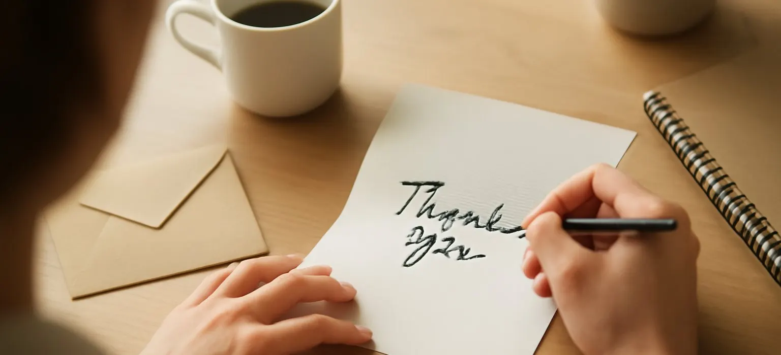 A handwritten thank you card resting on a wooden desk beside a cup of coffee