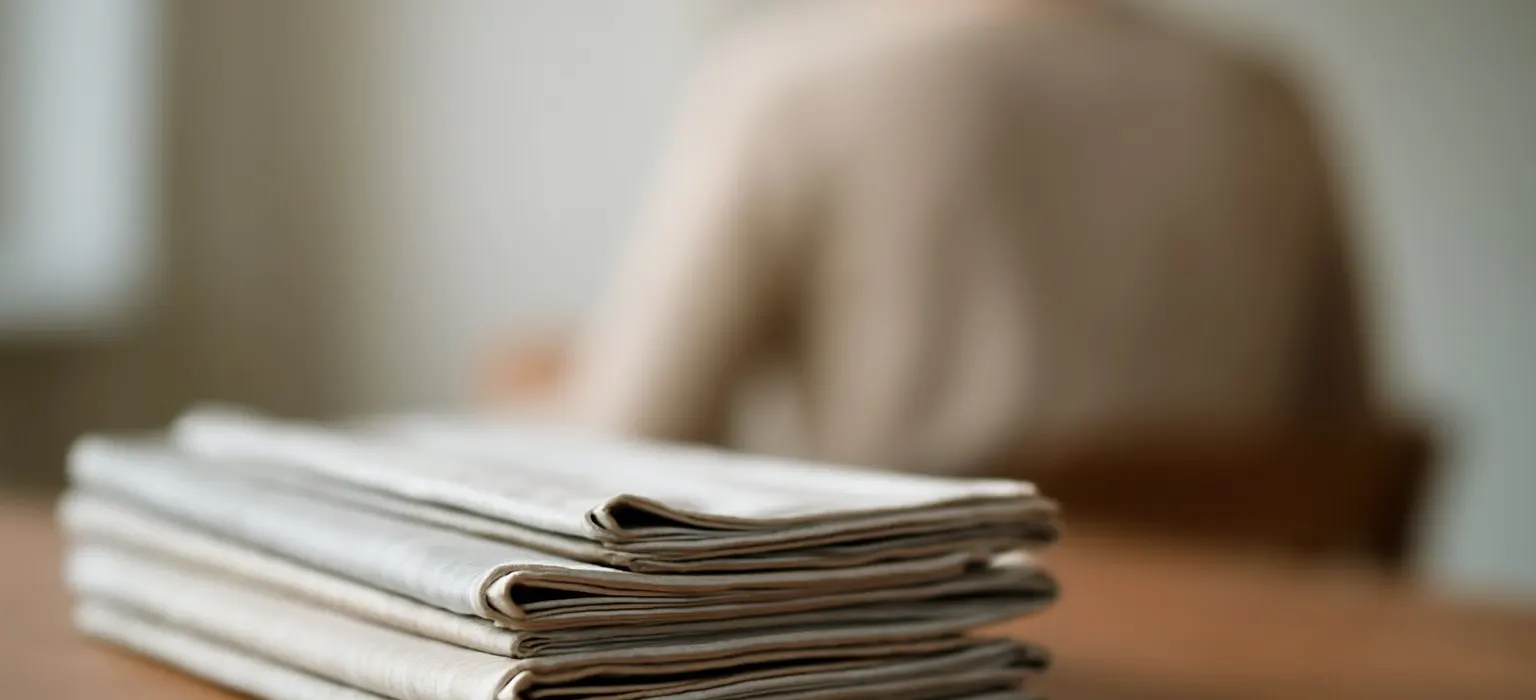 A stack of folded newspapers on a table