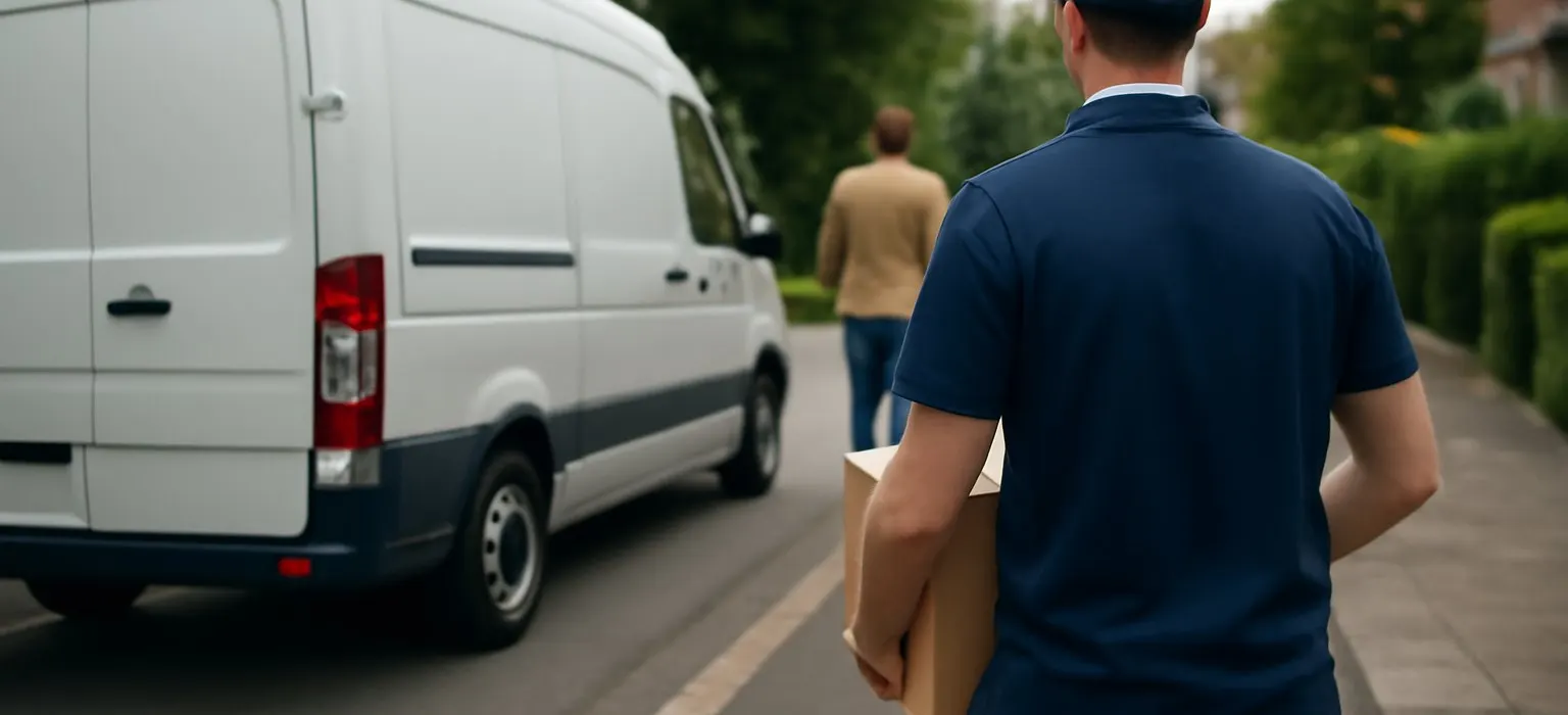 A plain delivery van parked on a quiet residential street in the morning