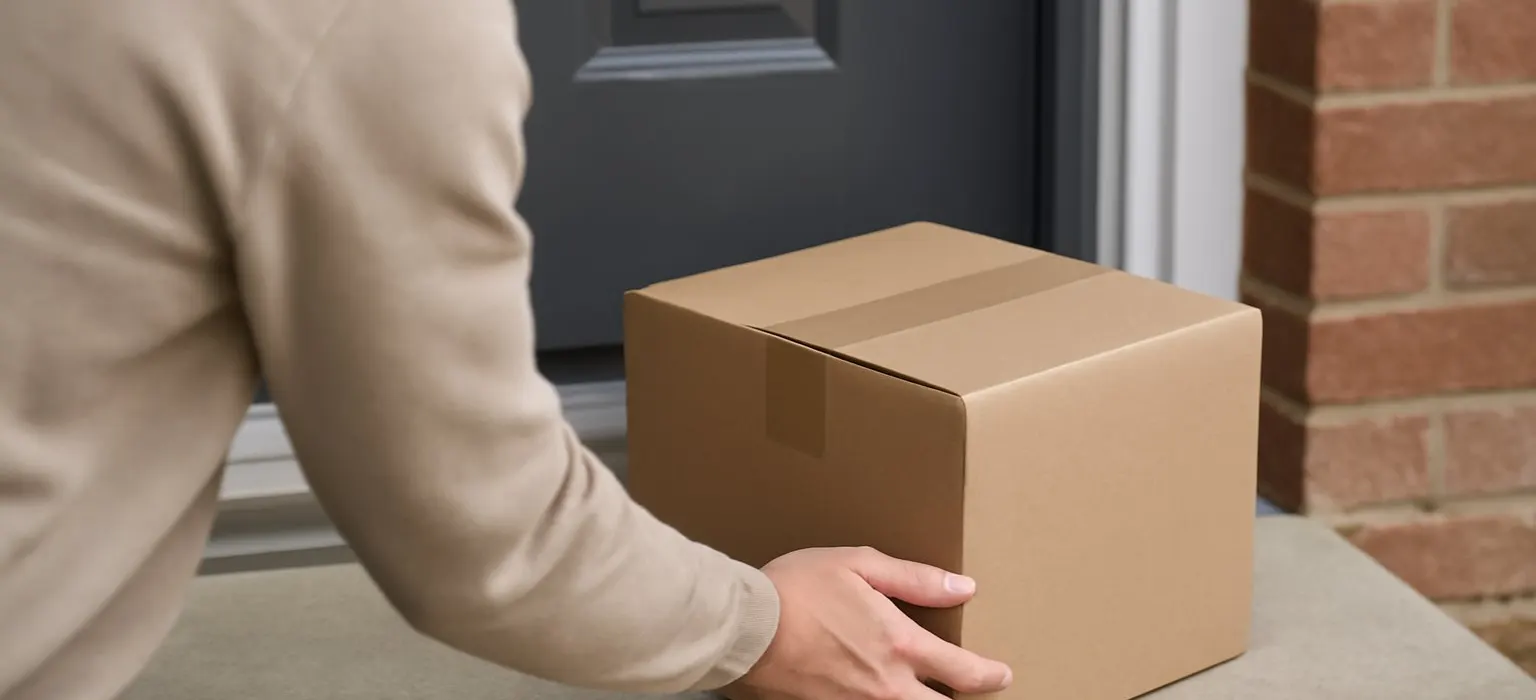 A cardboard parcel sitting on a doorstep beside a front door mat
