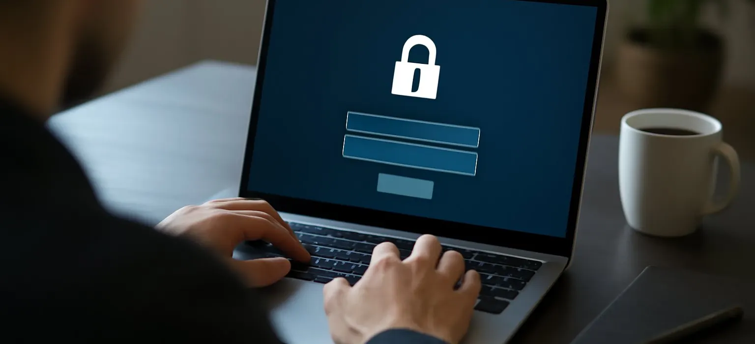 A laptop showing a login screen on a dark desk