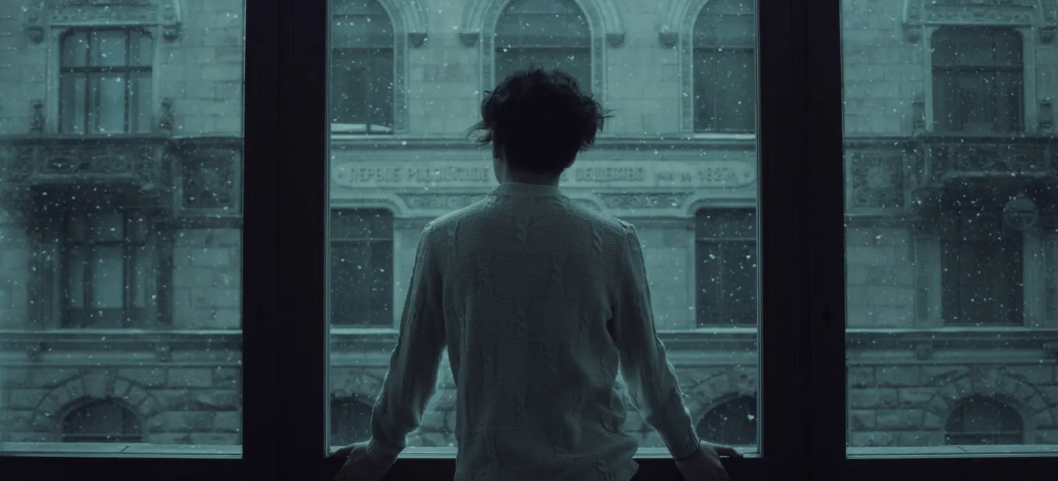 Person sitting alone looking out a large window
