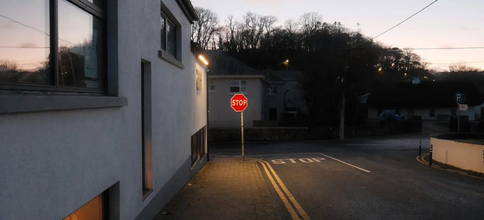 A stop sign illuminated by a streetlight at dusk