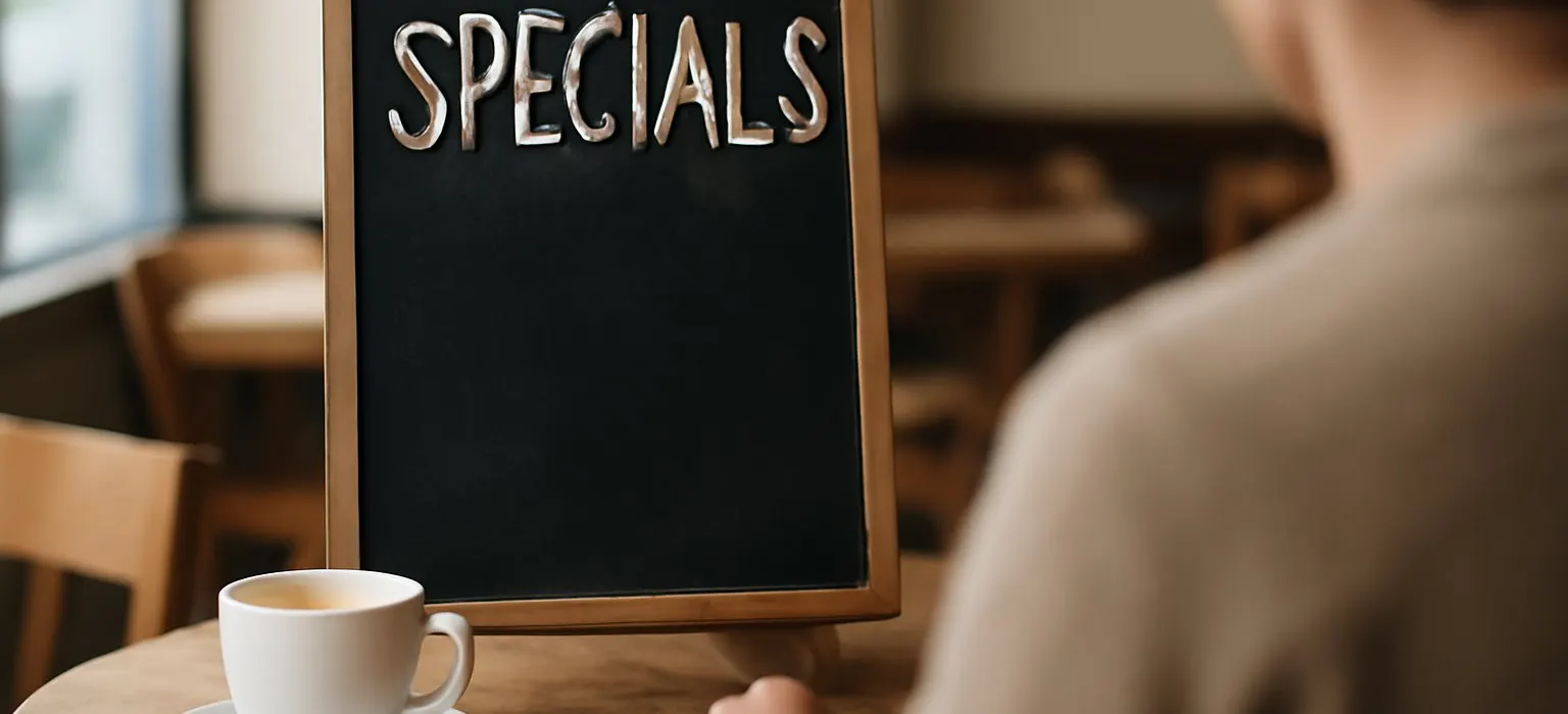 A handwritten chalkboard sign listing specials outside a small cafe