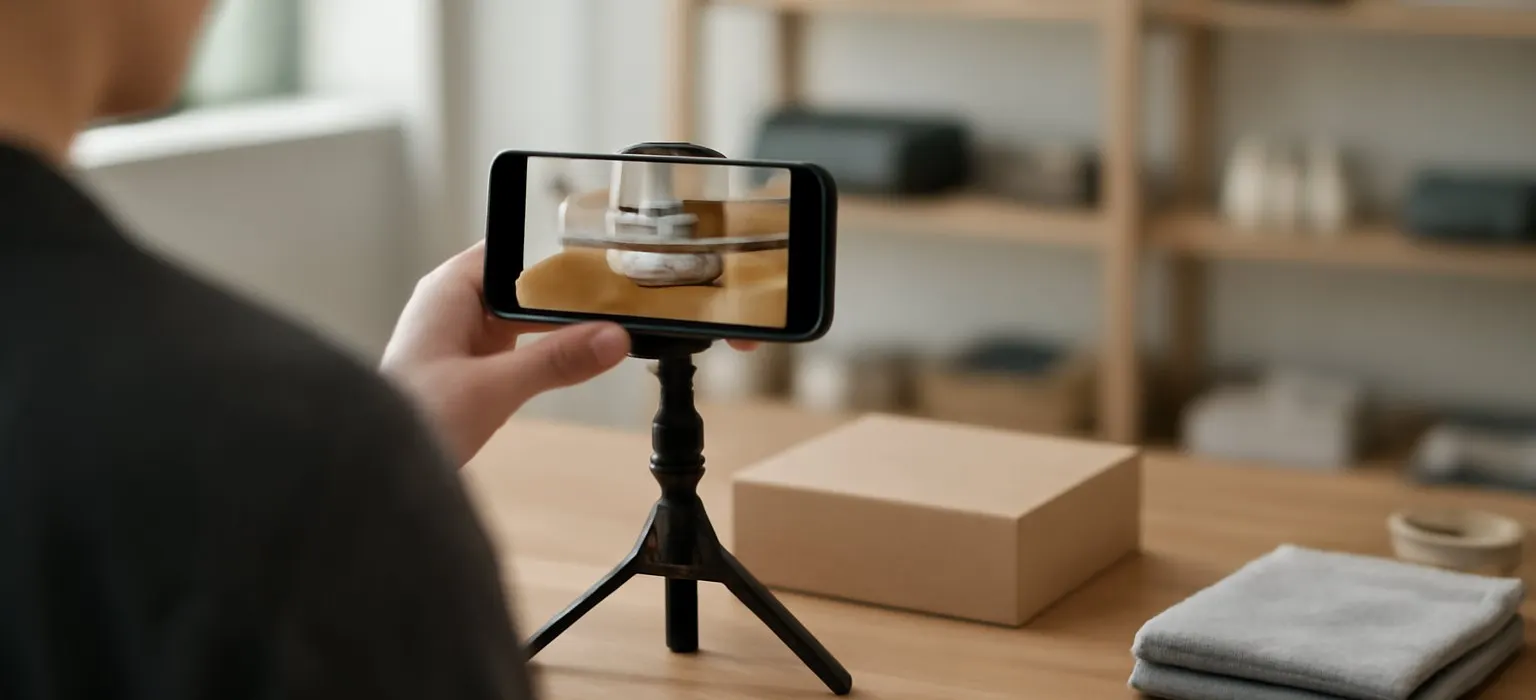 A smartphone held up to record a small shop counter and its signage