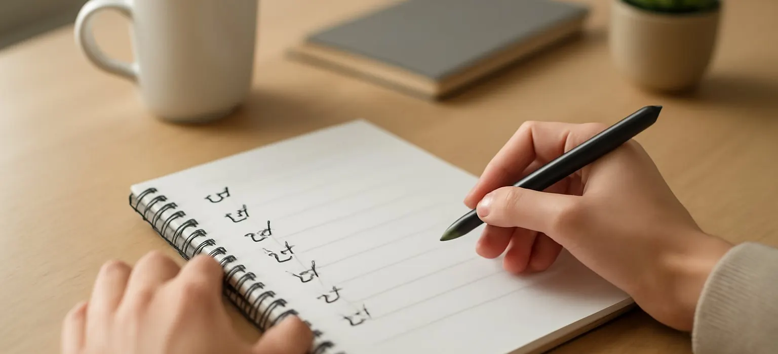 An open notebook with a handwritten checklist on a tidy desk
