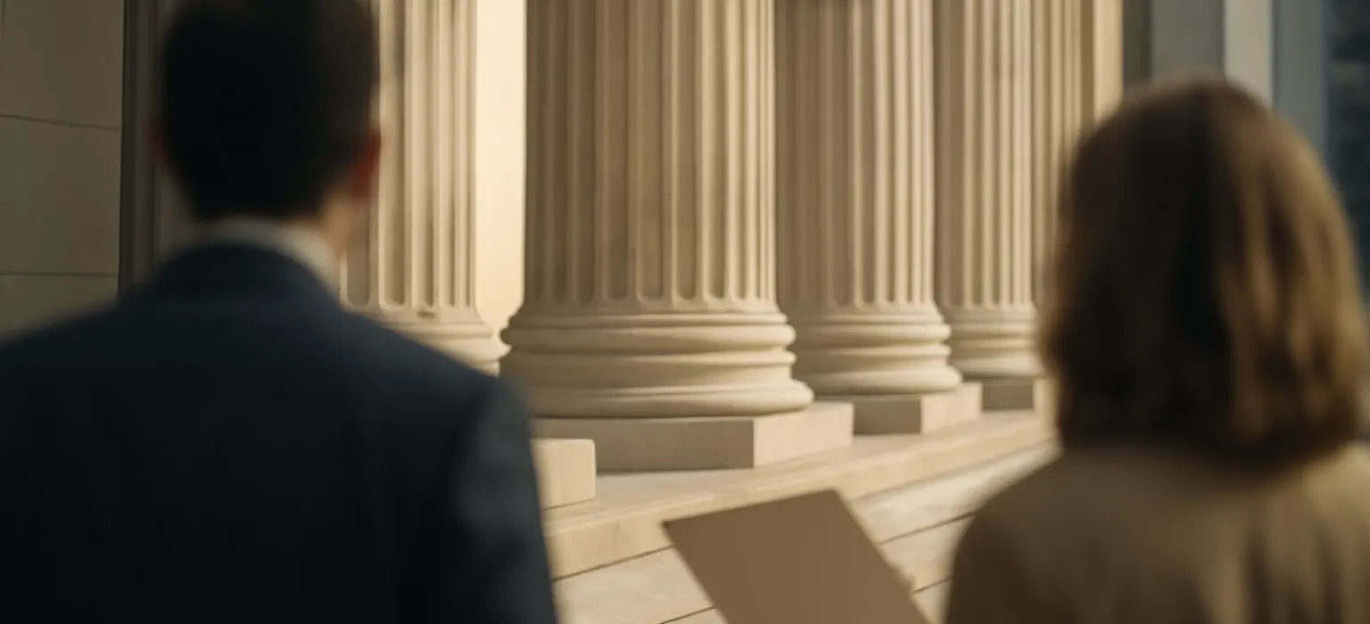 Stone columns of a courthouse building in soft morning light