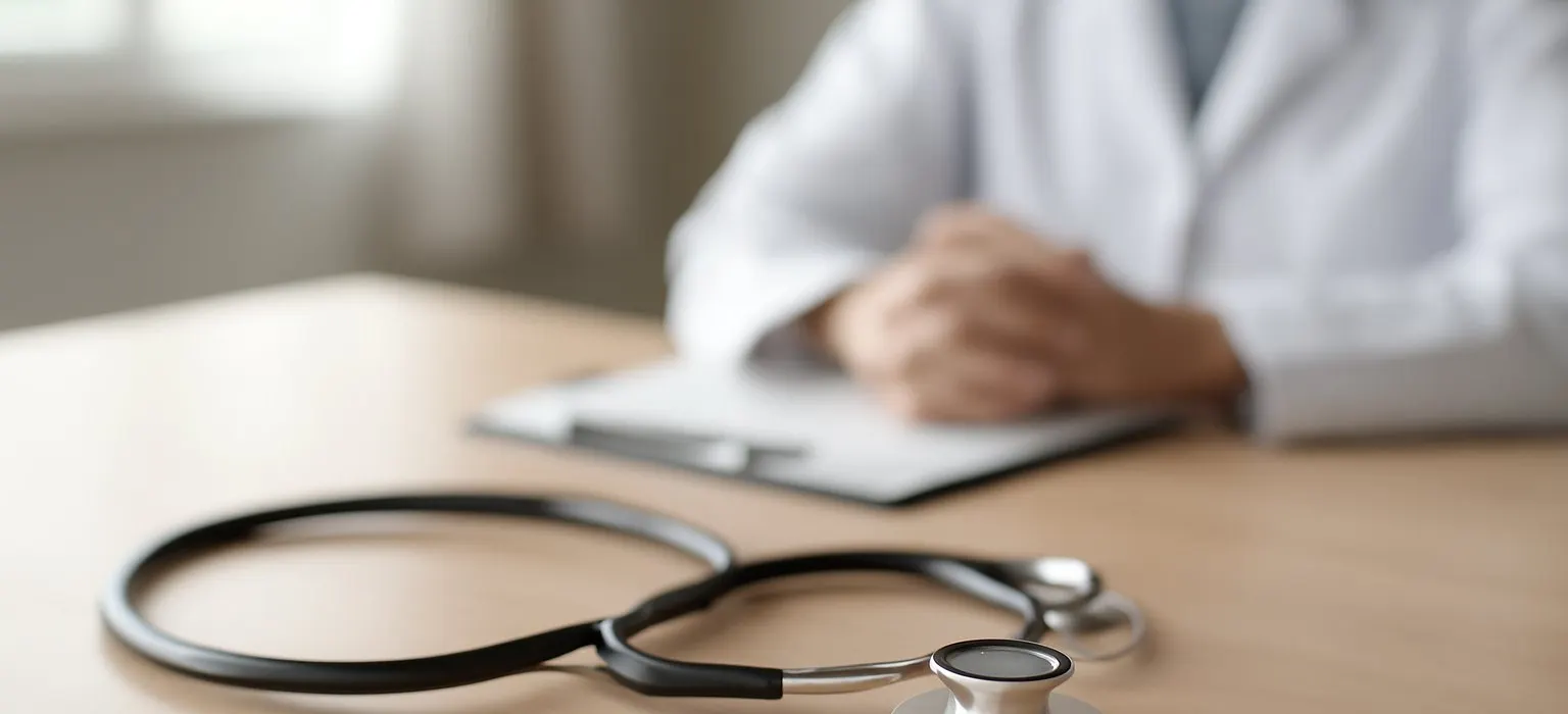 A stethoscope resting on a clinic desk