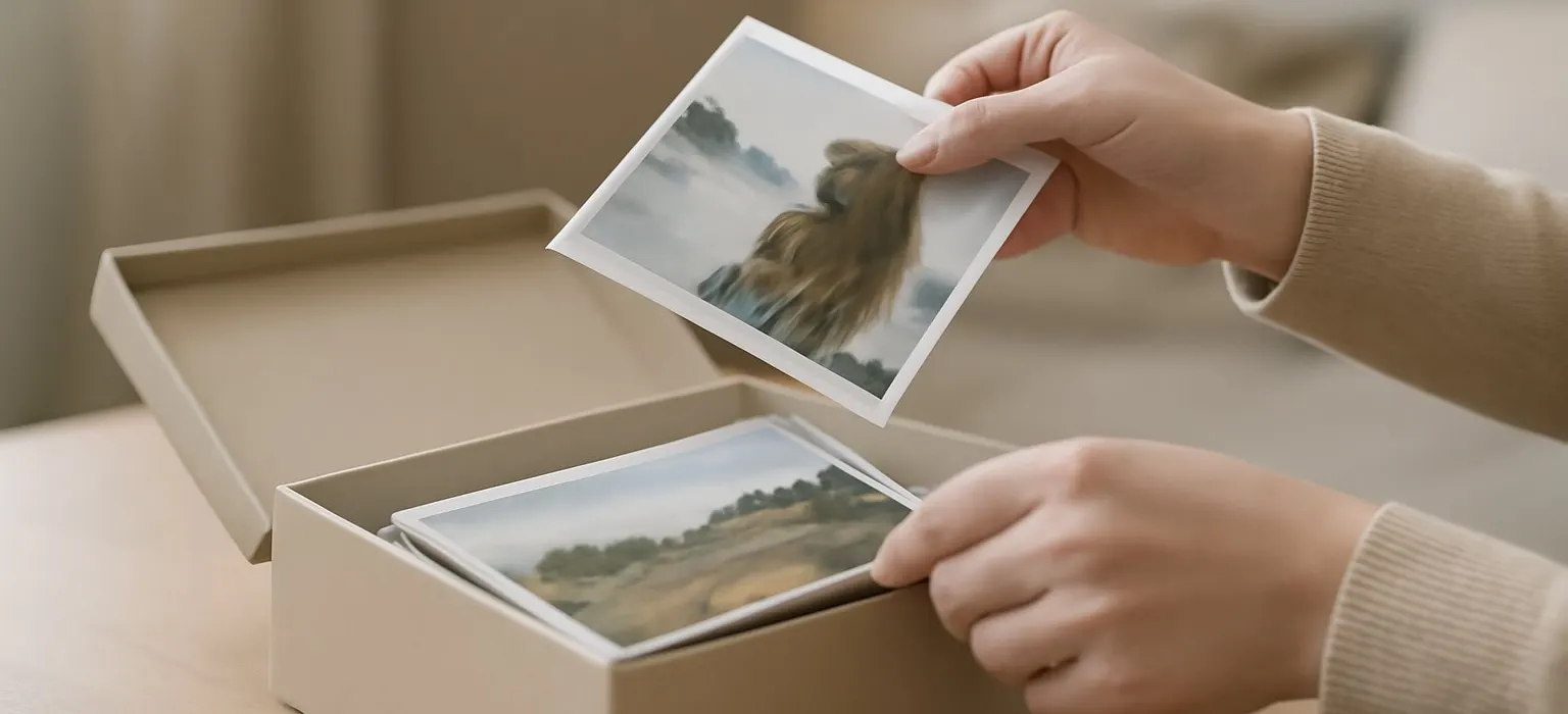 A wooden box filled with old printed photographs on a table in soft daylight
