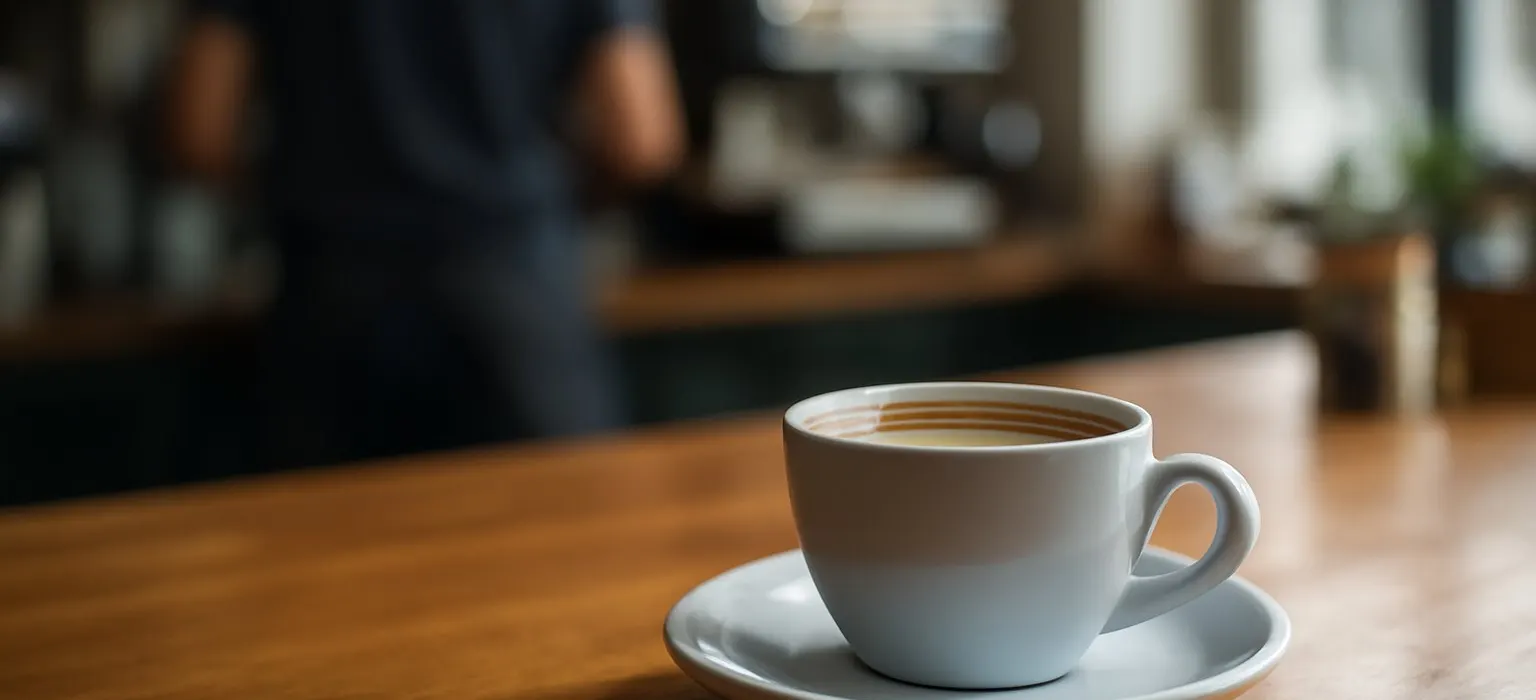 A coffee cup and a small card on a clean shop counter in soft daylight