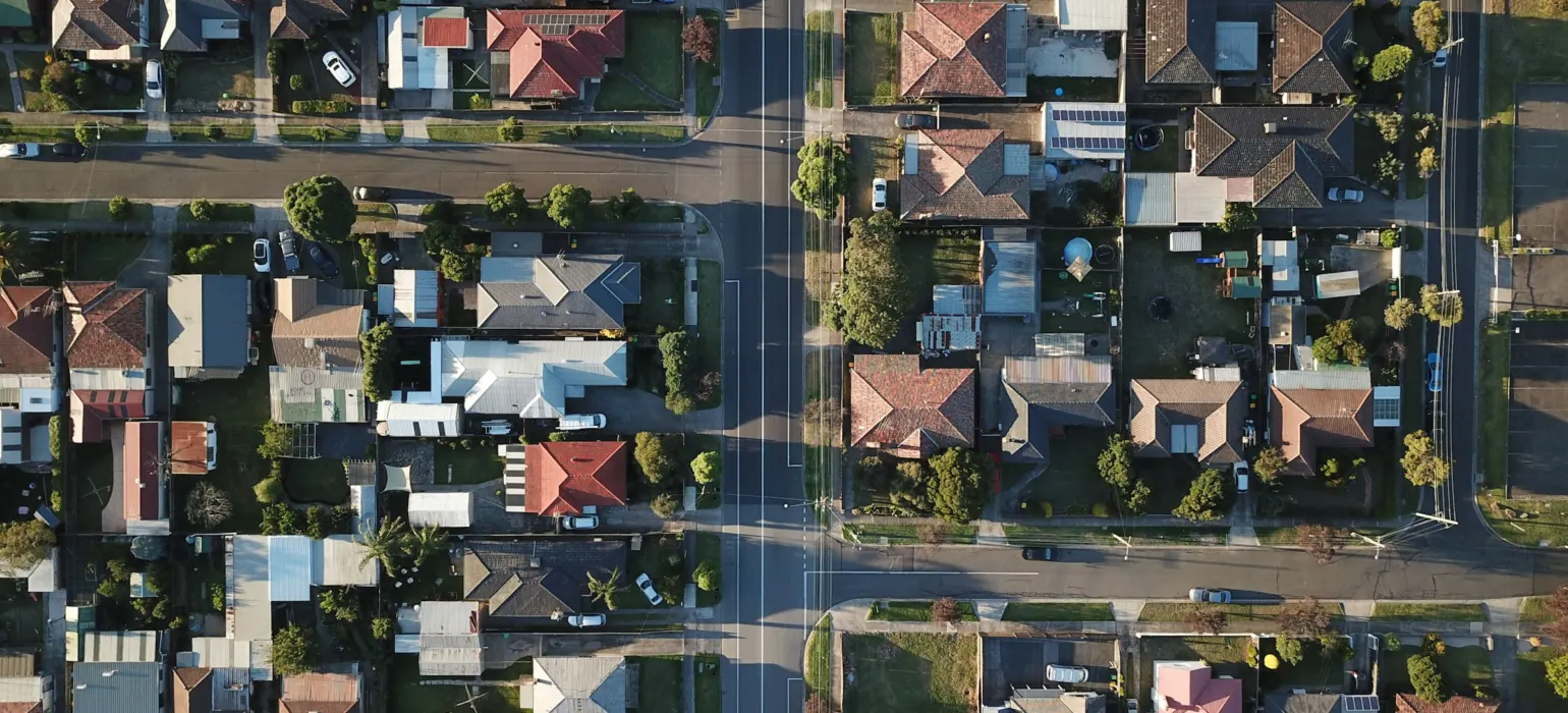 Aerial view of a suburban neighborhood