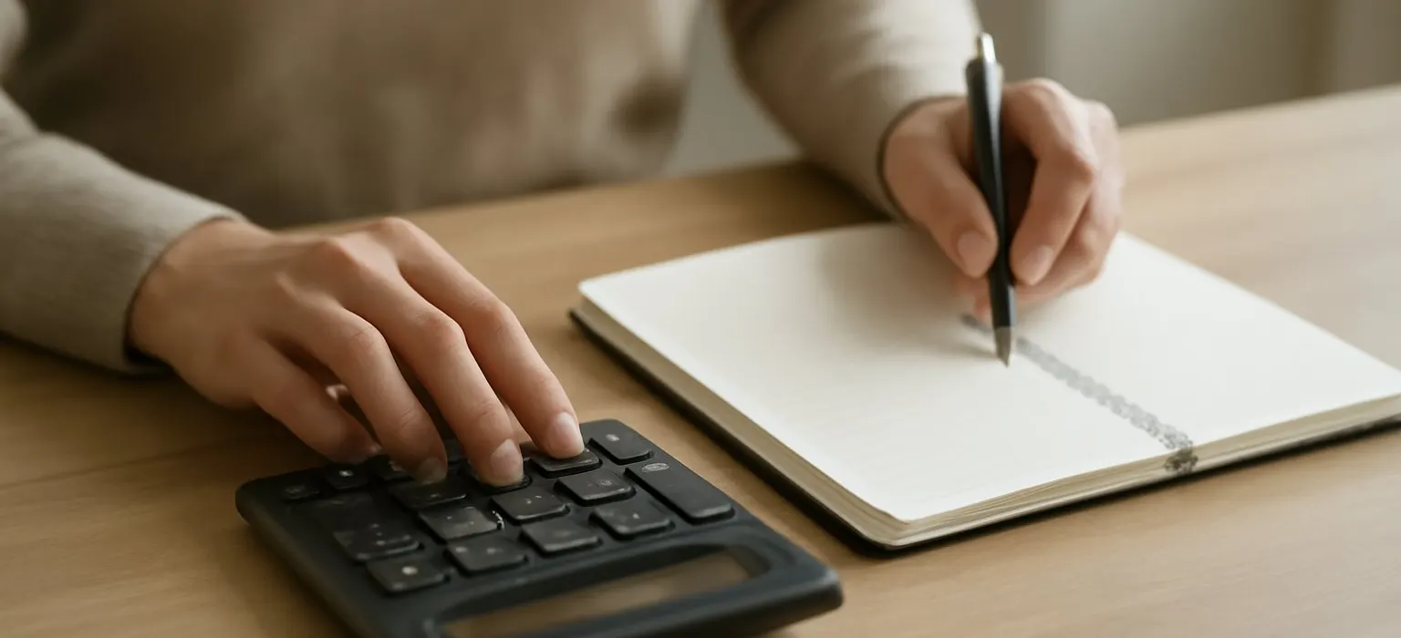 A calculator, a notebook with handwritten tally marks and a pencil on a wooden desk