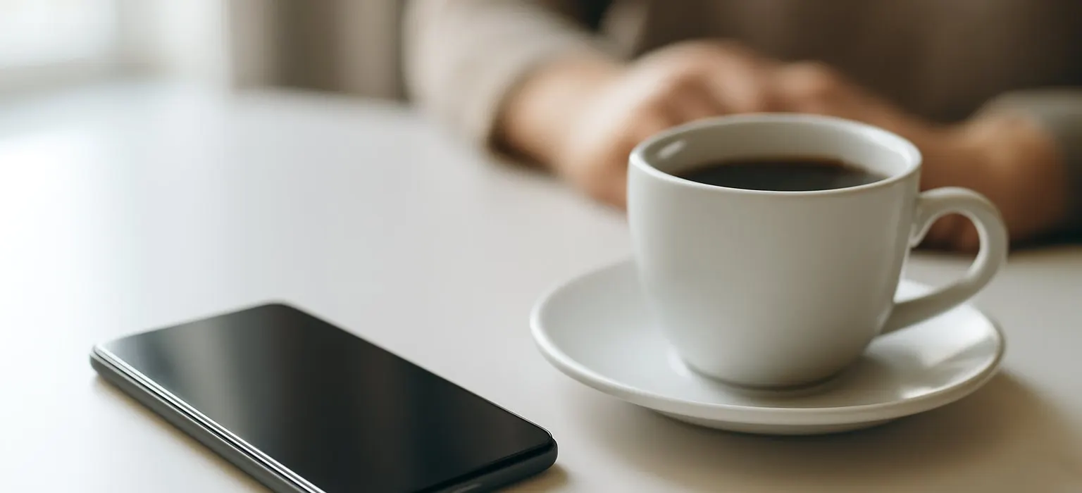 A smartphone face down beside a coffee cup