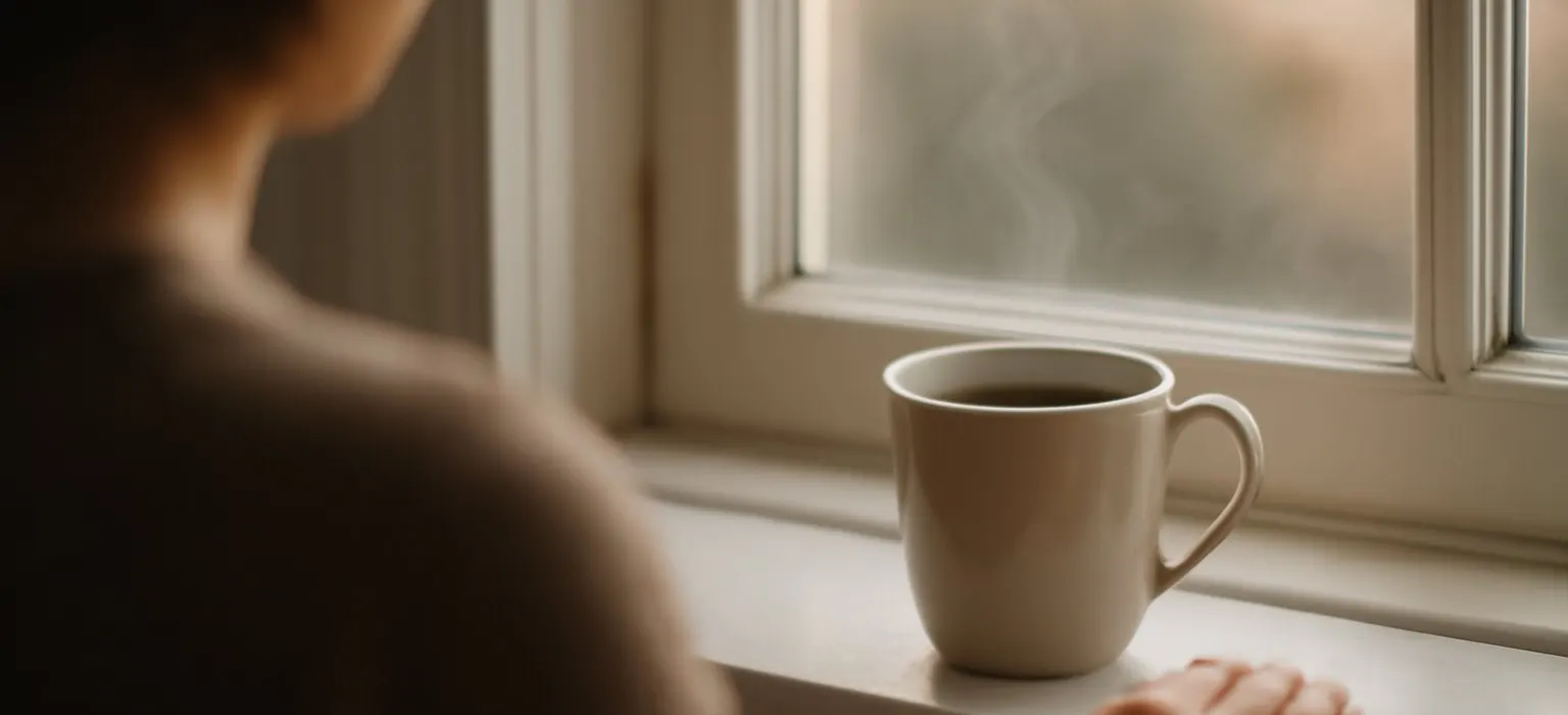 A coffee cup on a sunny windowsill with a blurred garden view behind it