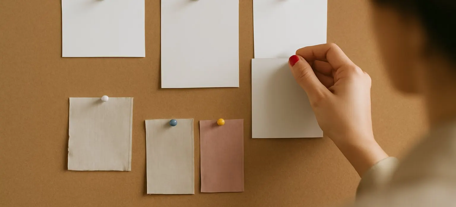 A corkboard with blank pinned cards and paper swatches