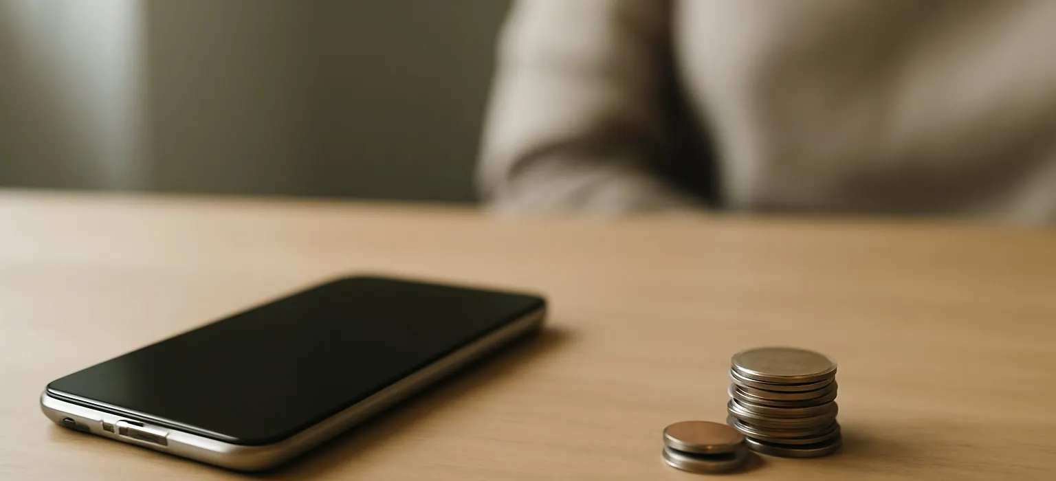 A smartphone lying face down beside a small stack of coins on a light wooden table