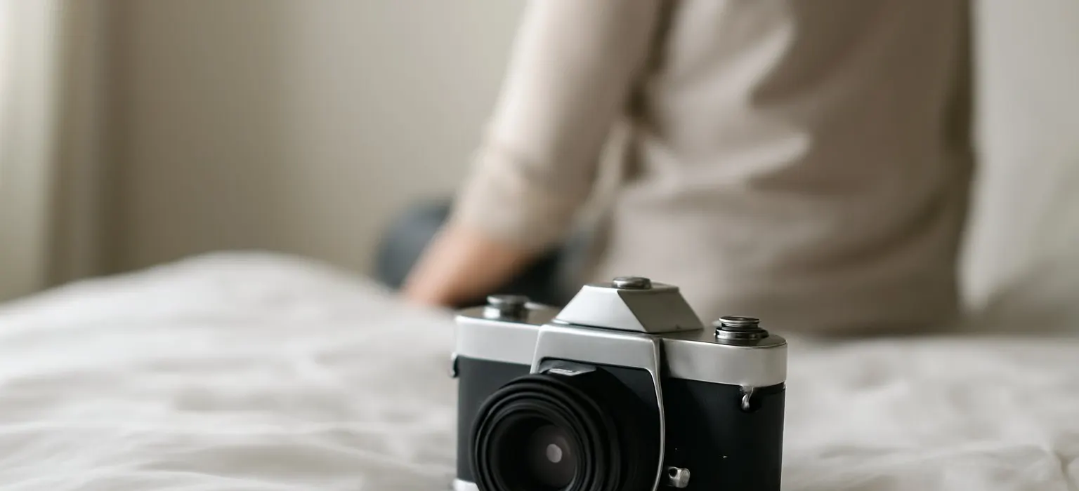 A vintage film camera lying on crisp white bedsheets in soft morning light