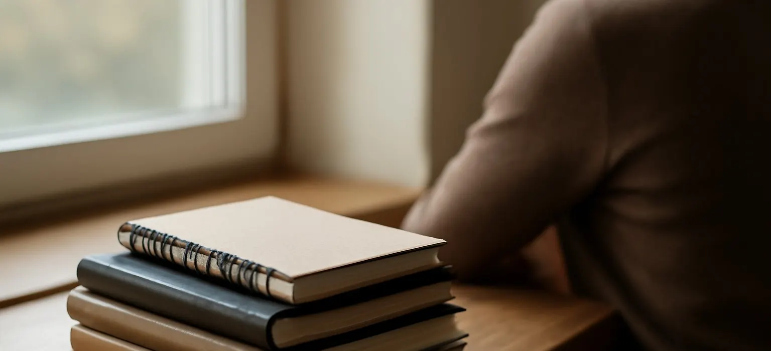 A small stack of notebooks on a windowsill in soft afternoon light