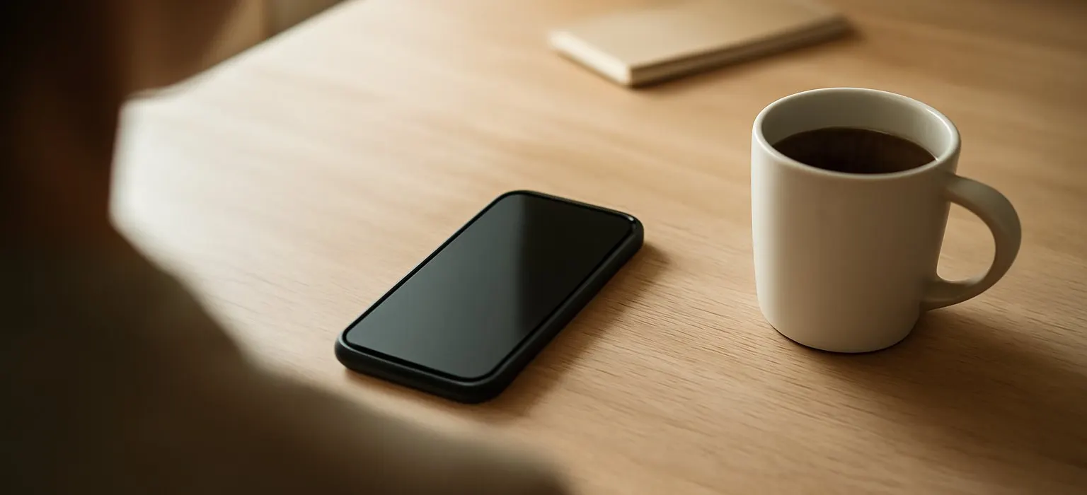 A smartphone with a dark screen on a wooden desk beside a cup of coffee