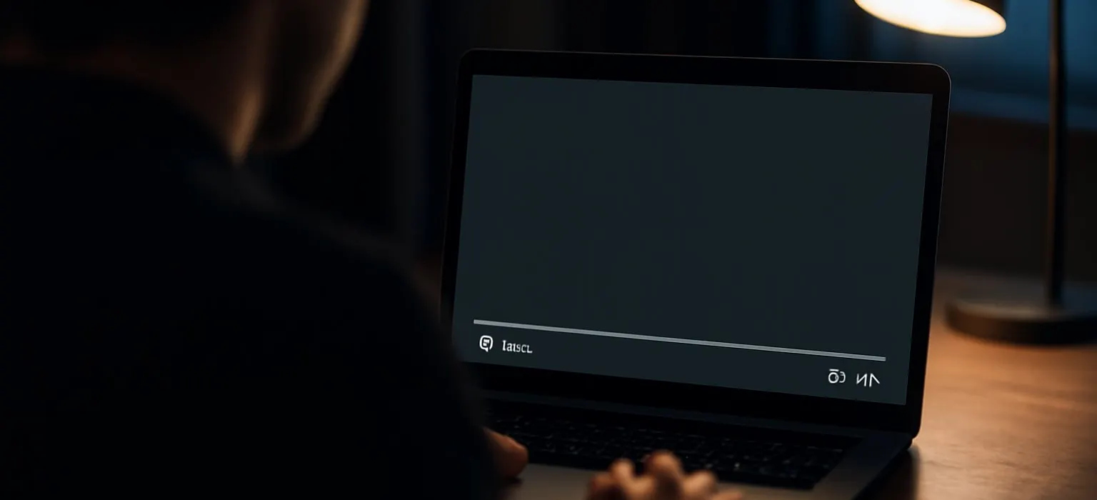 A laptop on a desk in a dim room showing a paused video player on screen