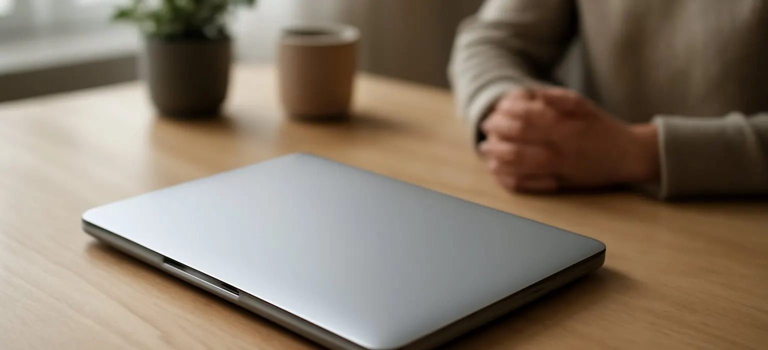 A closed laptop resting on a clean wooden desk beside a mug and a notebook