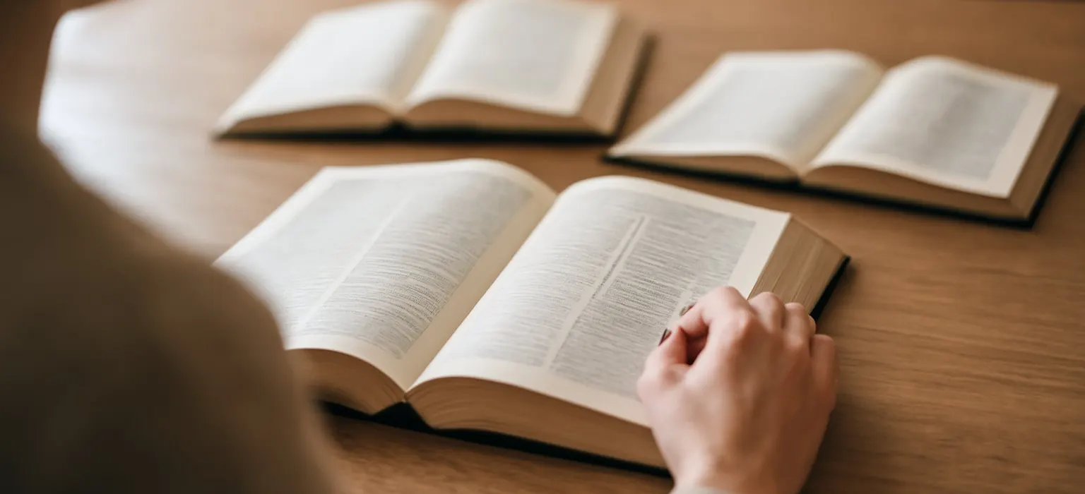 Several open reference books spread across a wooden table