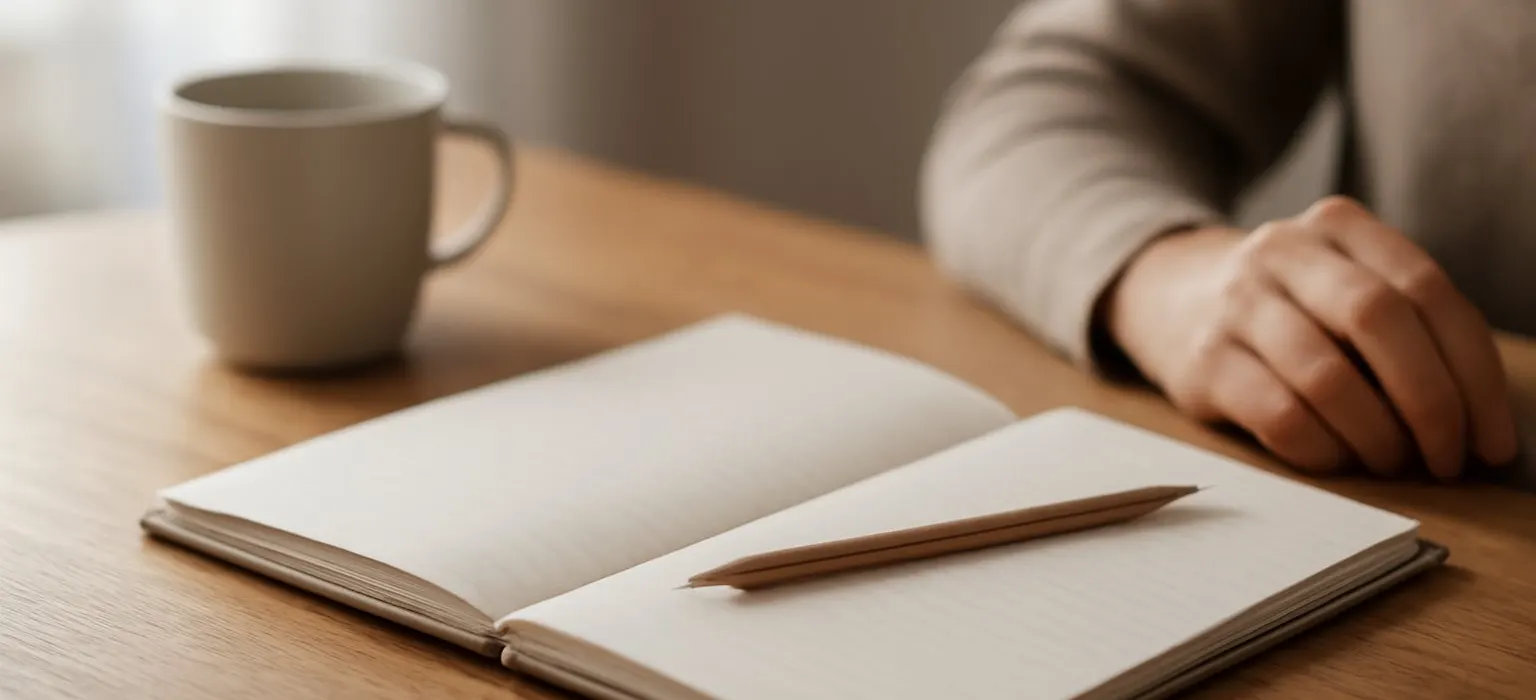 A blank open notebook and a pencil resting on a plain wooden desk
