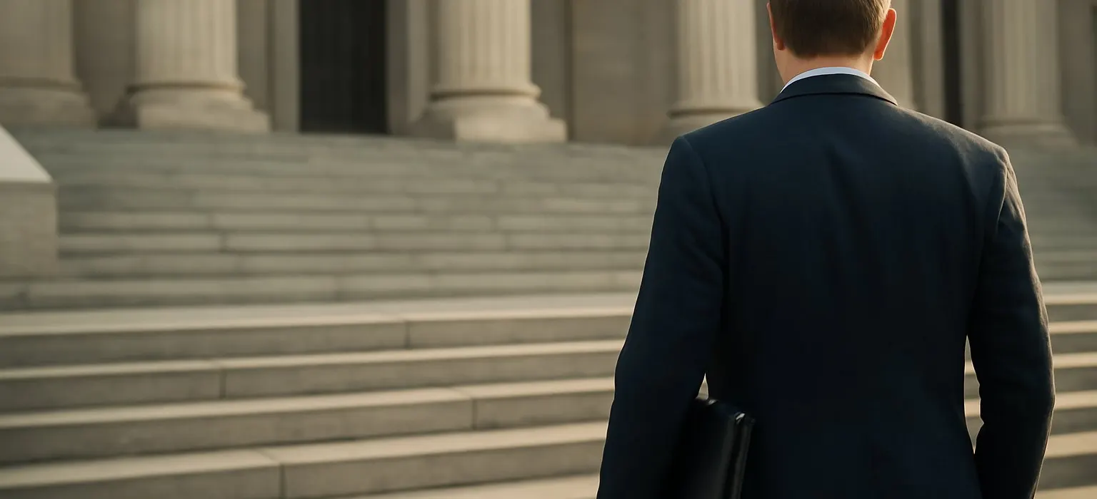 Stone steps and columns of a courthouse building in soft morning light