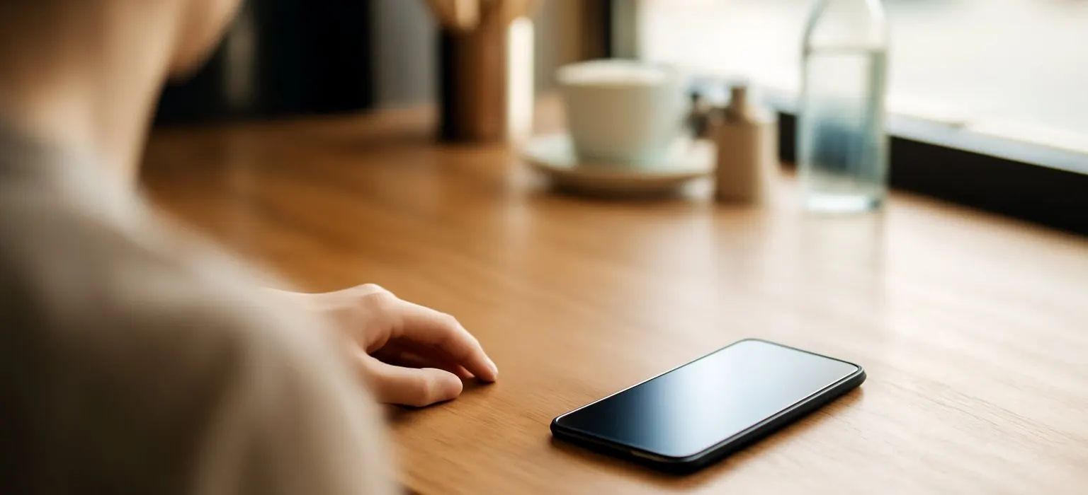 A smartphone resting on a wooden cafe counter next to a card reader