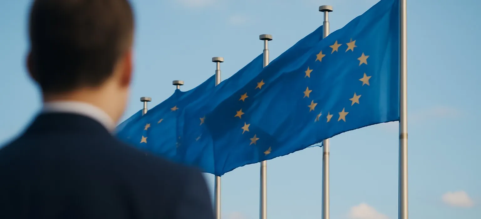 A row of European Union flags flying against a clear blue sky