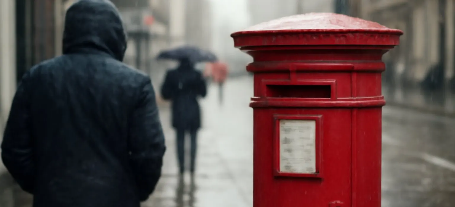 A red letterbox on a quiet London street after rain