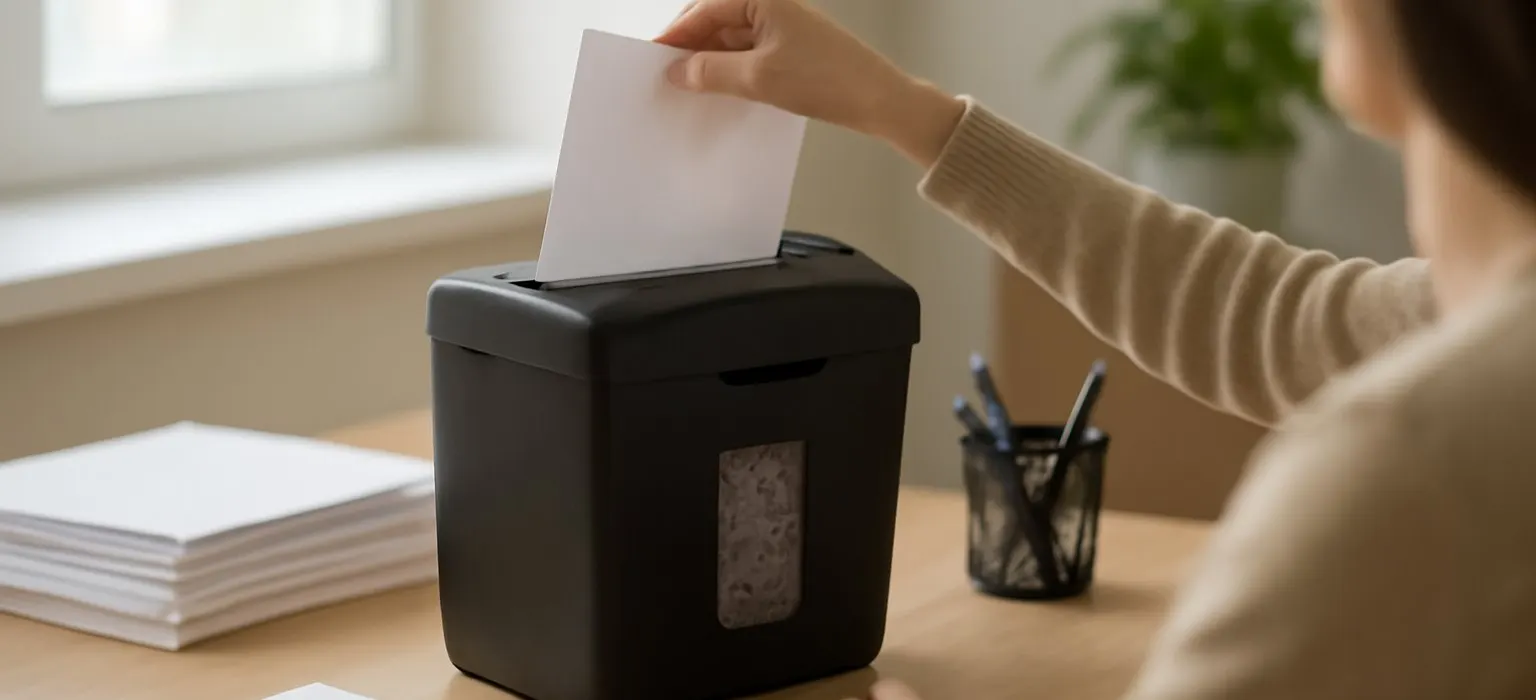 A paper shredder beside documents on an office desk