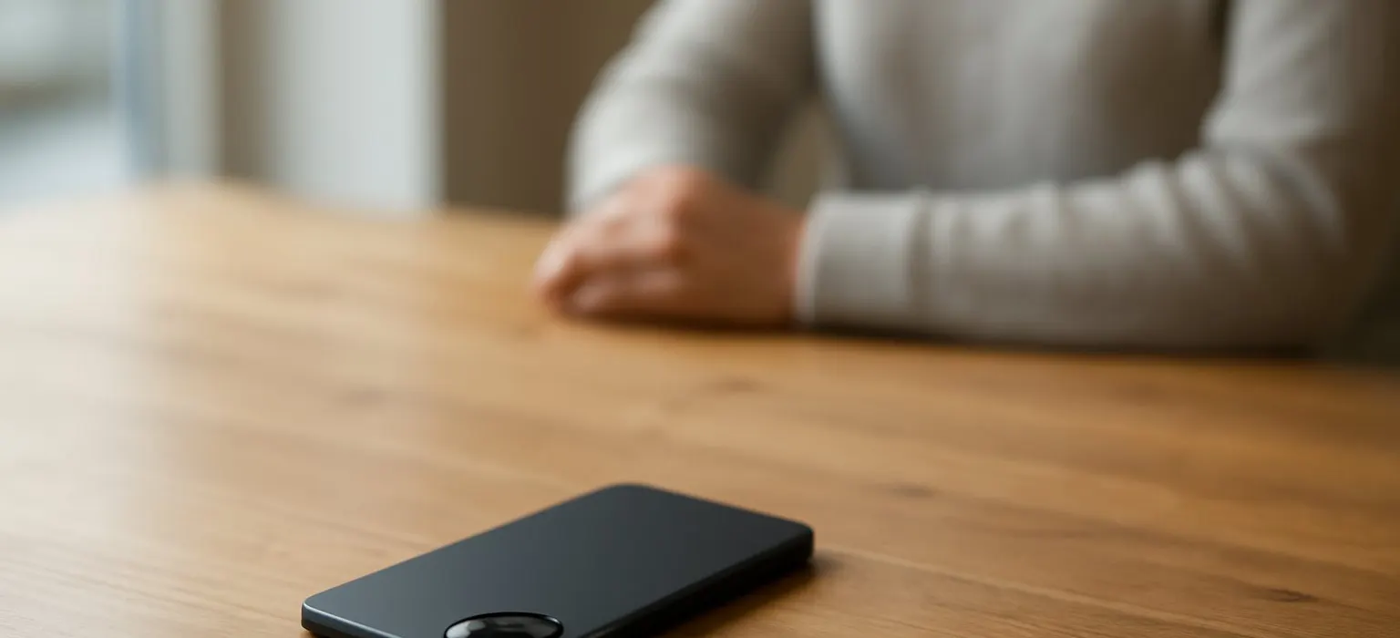 A smartphone lying face down on a plain wooden table next to a folded cloth