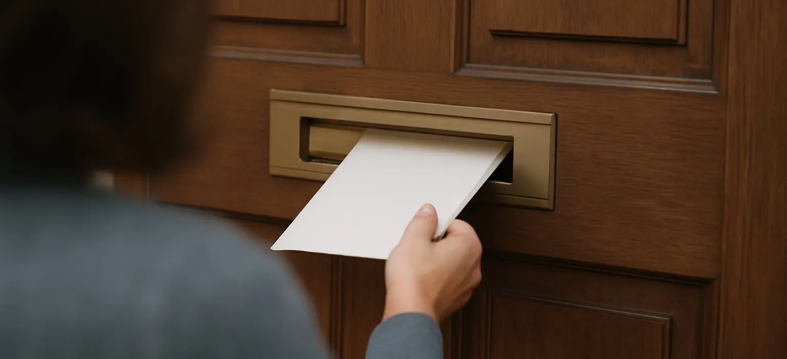 A brass letterbox and house number on a painted wooden front door